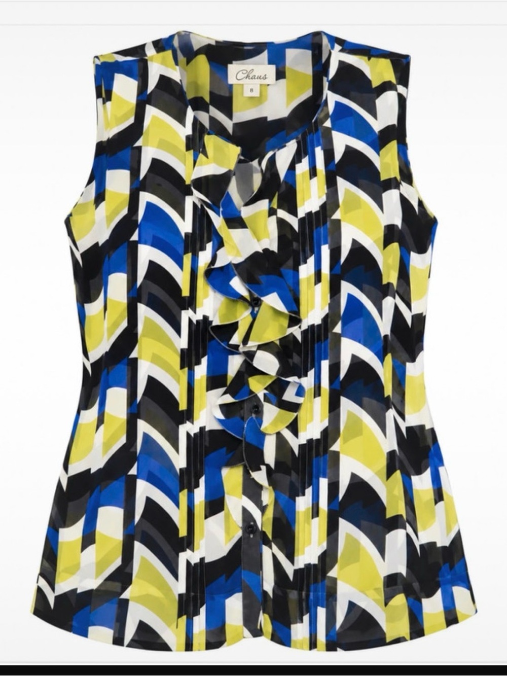 Chaus Blue Yellow Black Geometric Ruffle Sleeveless Blouse